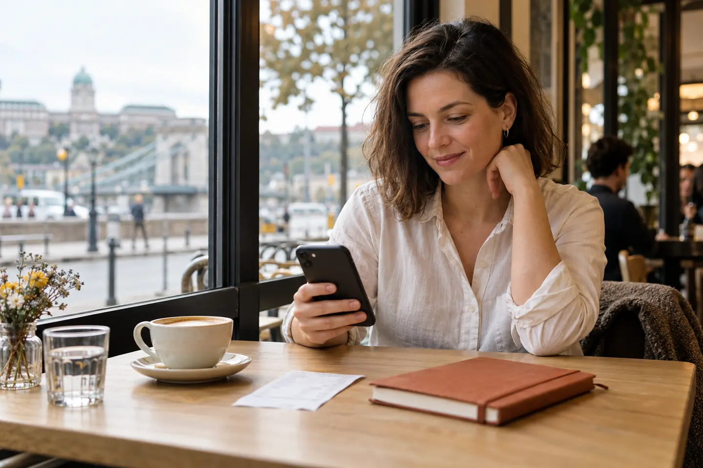 Telefonját használó nő egy kávézóban; fotóhatású illusztráció
