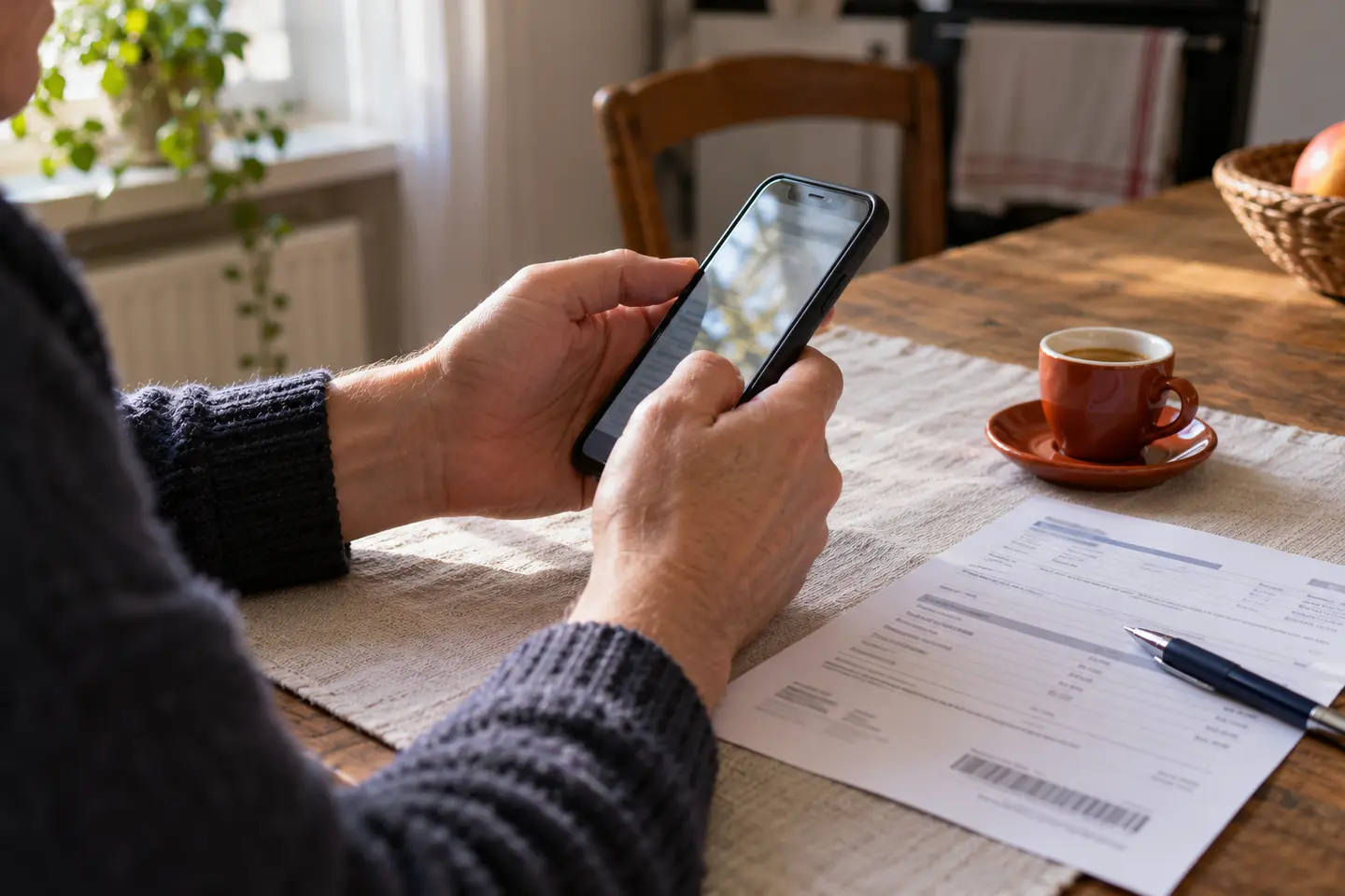 Telefon és számla átnézése egy asztalnál