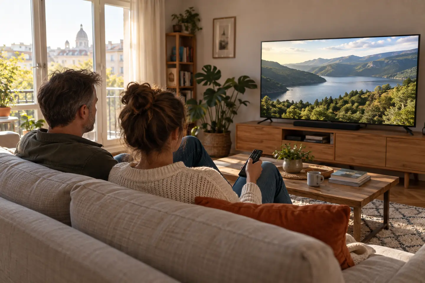 Két felnőtt televíziót néz egy világos nappaliban